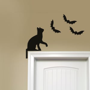 Black Cat & Bat Door Topper: Gothic Halloween Wood Wall Decor