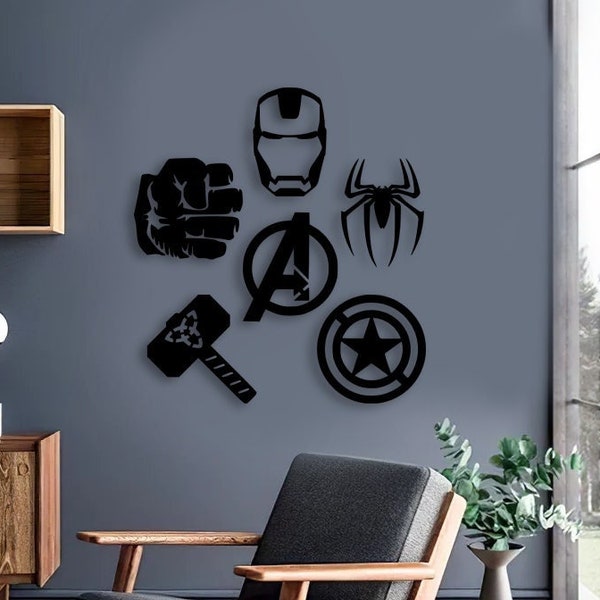 Marvel Avengers Sets von 6 Holz Wandkunst, Kinderzimmer Holz Wohnkultur Hulk | Thor | Spinnenmann| Eisenmann | Kapitän Amerika