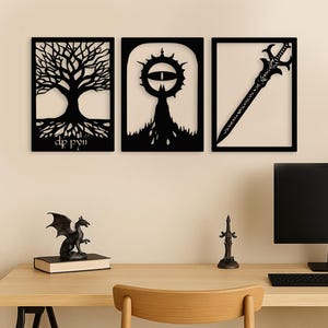 Fantasy Wooden Wall Art Set: Medieval Tree, Tower, Ring & Sword Decor