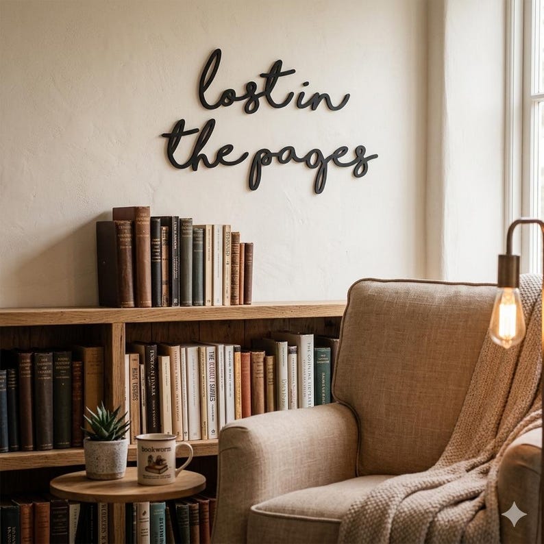 May include: A cozy reading nook featuring a wooden bookshelf filled with books, a comfortable armchair, and a small side table. The wall above the bookshelf displays the phrase "lost in the pages" in black script. A lamp with a warm light illuminates the scene.