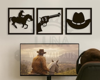 Cowboy Gamer Room Decor: Rustic Western Wood Wall Art - Set of 3