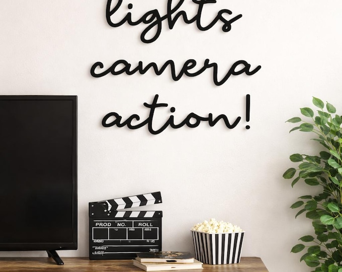 Lights Camera Action Wooden Decor for Movie Room, Home Theater Sign