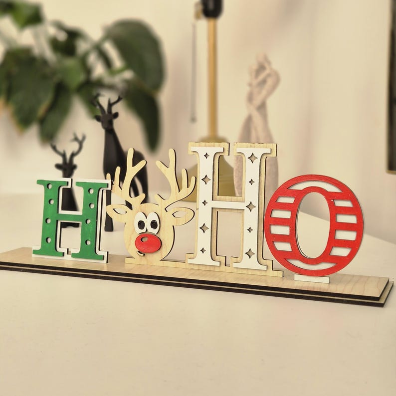CHRISTMAS HO HO Wooden Sign With Stand, Reindeer Holiday Wall Decor