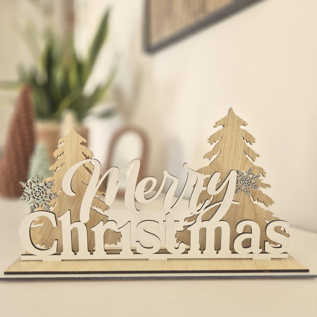 MERRY CHRISTMAS Wooden Sign With Xmas Trees and Snowflakes Festive