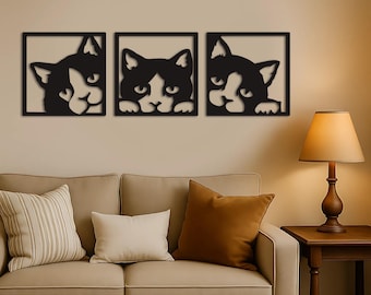 Arte mural de madera con silueta de gato: Decoración animal moderna
