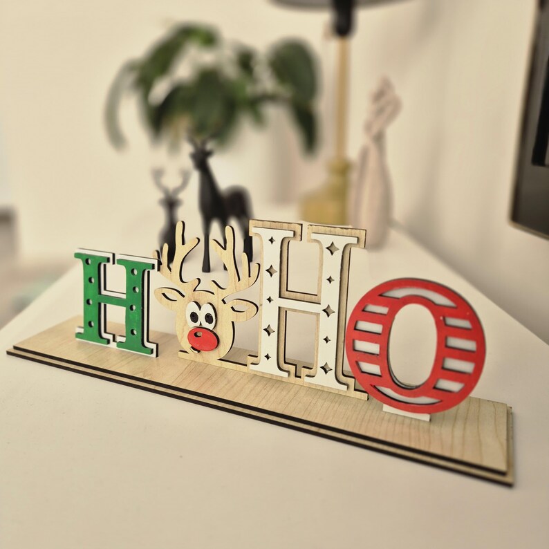 CHRISTMAS HO HO Wooden Sign With Stand, Reindeer Holiday Wall Decor
