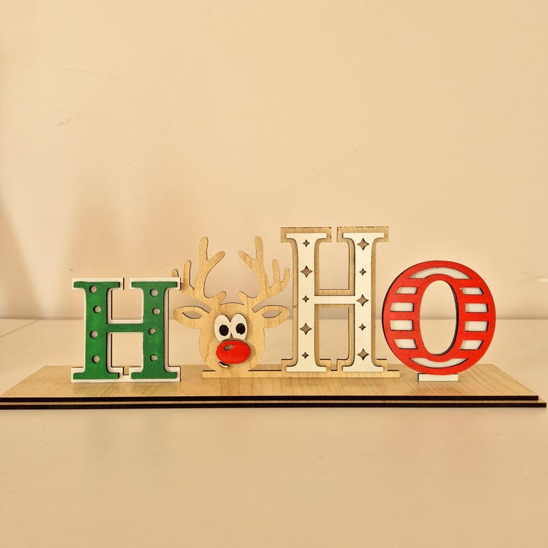 CHRISTMAS HO HO Wooden Sign With Stand, Reindeer Holiday Wall Decor