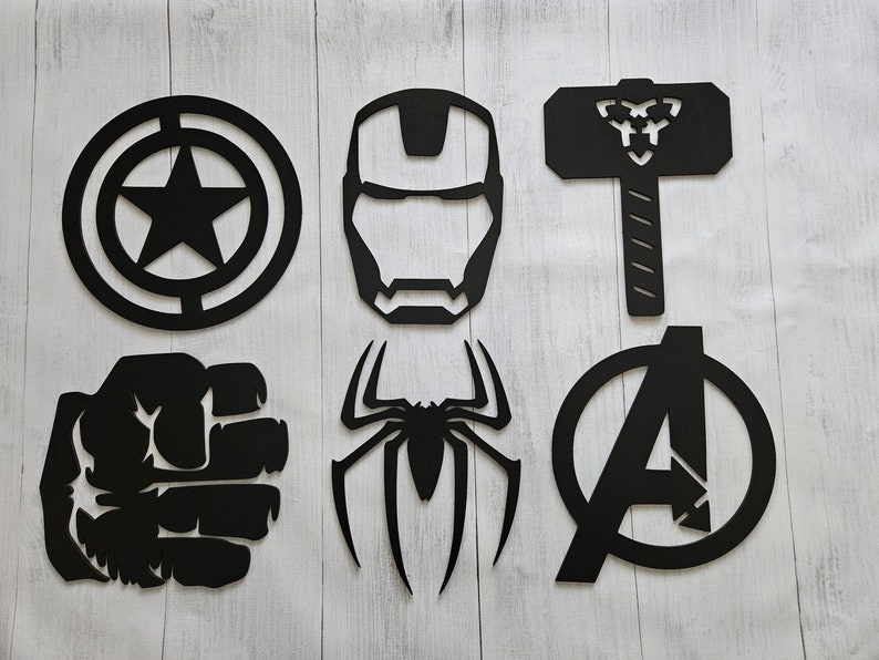 Marvel Avengers 6er-Set Wandbilder aus Holz, Kinderzimmer-Deko aus Holz: Hulk | Thor | Spiderman | Iron Man | Captain America Schwarz
