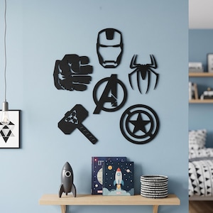Marvel Avengers 6er-Set Wandbilder aus Holz, Kinderzimmer-Deko aus Holz: Hulk | Thor | Spiderman | Iron Man | Captain America Bild 1