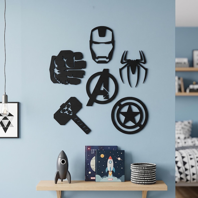 Marvel Avengers 6er-Set Wandbilder aus Holz, Kinderzimmer-Deko aus Holz: Hulk | Thor | Spiderman | Iron Man | Captain America Bild 1