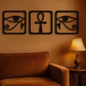 Ancient Egyptian Wall Art Set – ANKH, Eye of Ra & Eye of Horus, Sacred Symbol Wood Decor, Spiritual Boho Wall Art for Home, Meditation Space
