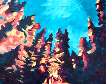 Campfire Wall Art, Forest Wall Art, Landscape Wall Art, Giclee print for Home Decor, Canvas Print Wall Art, UNFRAMED ART by Leslie Kimble