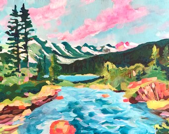 May include: A painting of a mountain landscape with a river flowing through it. The sky is a bright pink and blue, and the mountains are covered in snow. There are trees on either side of the river, and the water is a light blue.