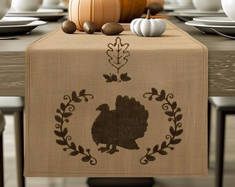 Thanksgiving Turkey Natural Table Runner, Hemmed, Rustic, Farmhouse, Handmade Burlap Table Runner, Fall Decor, Autumn Runner, Holiday Runner