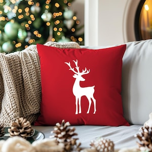 Christmas Deer Pillow, Red Pillow with White Deer, Christmas Deer, Christmas Pillow, Christmas Décor