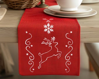 Christmas Deer Red Burlap Table Runner, Hemmed, Rustic, Farmhouse, Handmade Burlap Runner, Winter Decor, Holiday Runner, Modern, Christmas