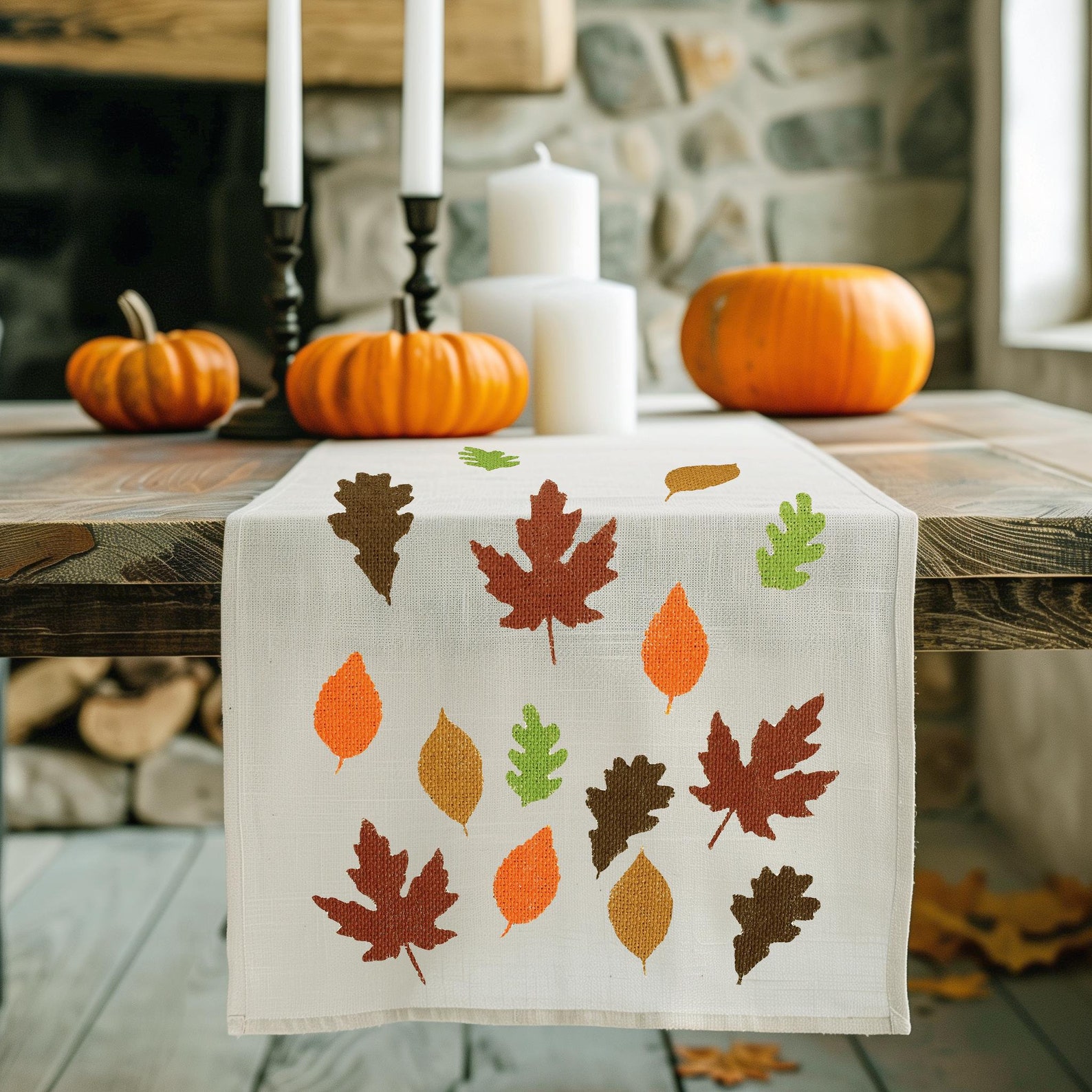 Fall off White Leaves Natural Table Runner, Hemmed, Rustic, Farmhouse ...