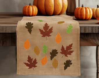 Thanksgiving Leaves Natural Table Runner, Hemmed, Rustic, Farmhouse, Handmade Burlap Table Runner, Fall Decor, Autumn Runner, Holliday,