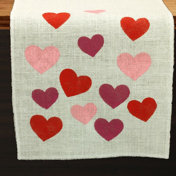 Valentines Burlap Table Runner, Hearts Runner, Off White Runner, Valentines Runner, Hemmed Runner, Valentines Decor