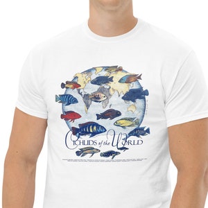 May include: White t-shirt with a colorful illustration of a world map with various types of cichlids, a type of fish, swimming around it. The text "Cichlids of the World" is printed below the illustration.