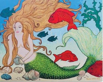 Mermaid with shells art print, Mermaid wall decor, Mermaid painting print