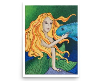 Impression d’art sirène, décoration murale sirène, impression de peinture sirène, sirène avec poisson