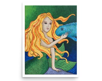 Mermaid art print, Mermaid wall decor, Mermaid painting print, Mermaid with fish