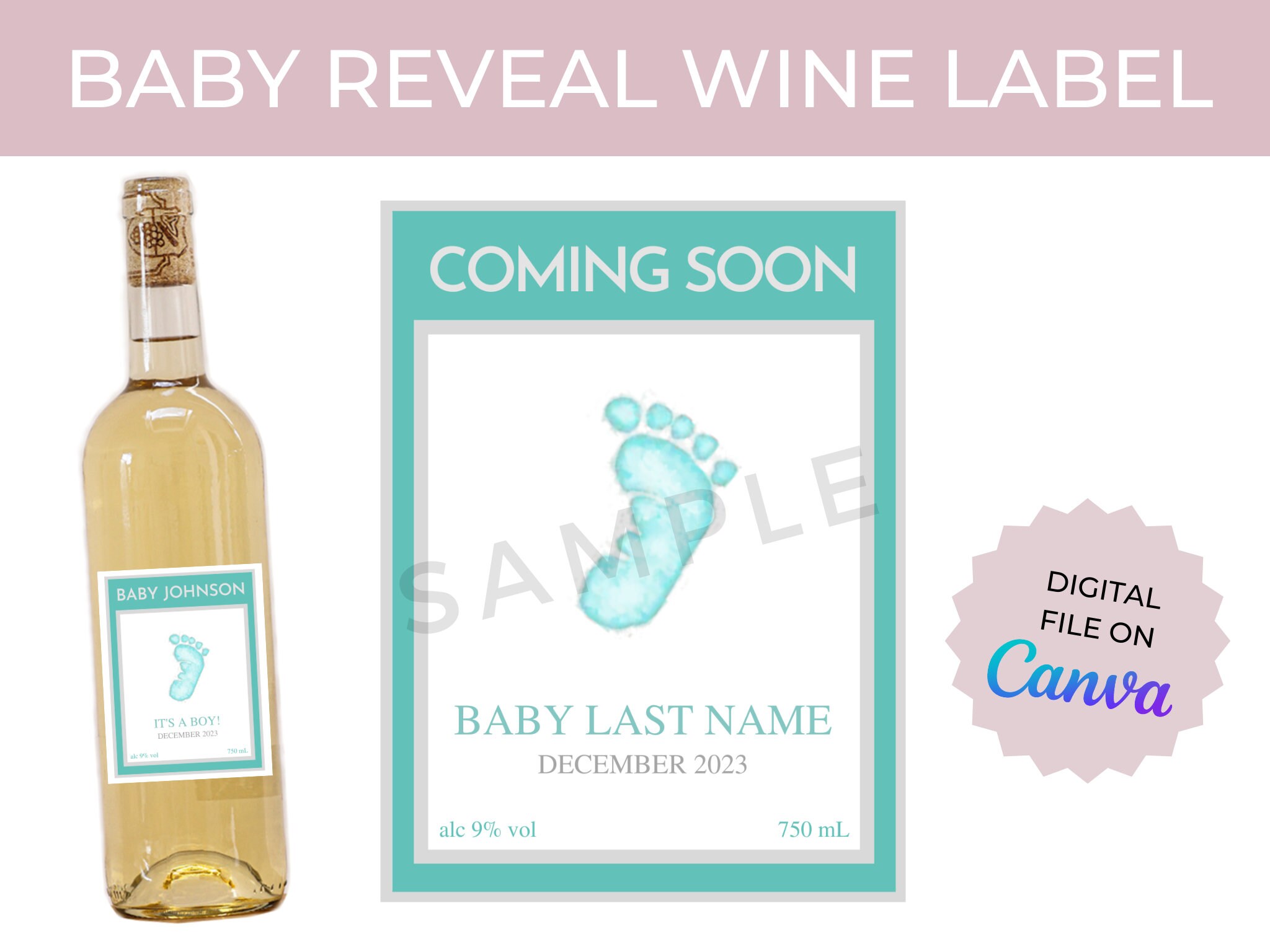 Bare Baby Foot Wine Label Template - Custom Pregnancy Reveal Announcement, Personalized Baby Shower Party Decorations DIY | Digital Print