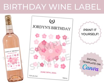 Jacob's Pink Flower Creek Birthday Wine Label Template Customizable Digital Download For Her - Pretty in Pink Birthday Party Decor Gift