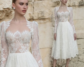 Elegant Lace Wedding Dress, Vintage Tea-length Wedding Dress, Lace Bridal Gown