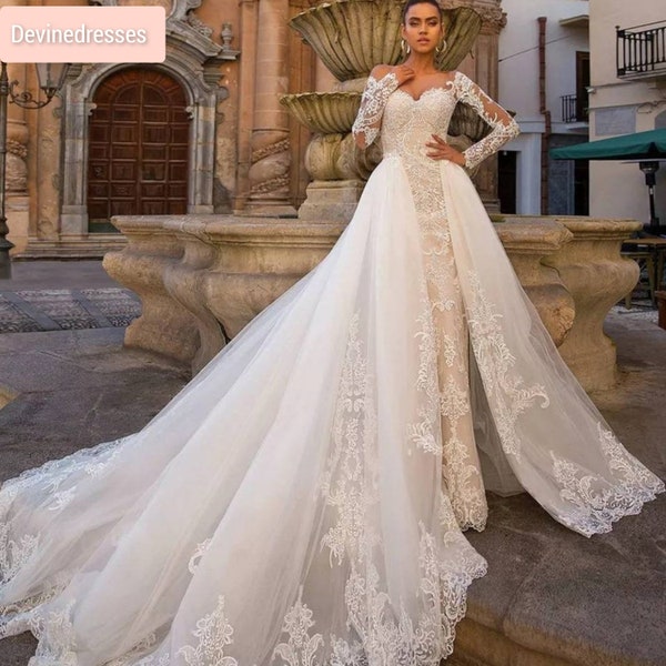 Wedding dress with detachable train, Lace applique, Wedding Gown, Long sleeve lace wedding dress