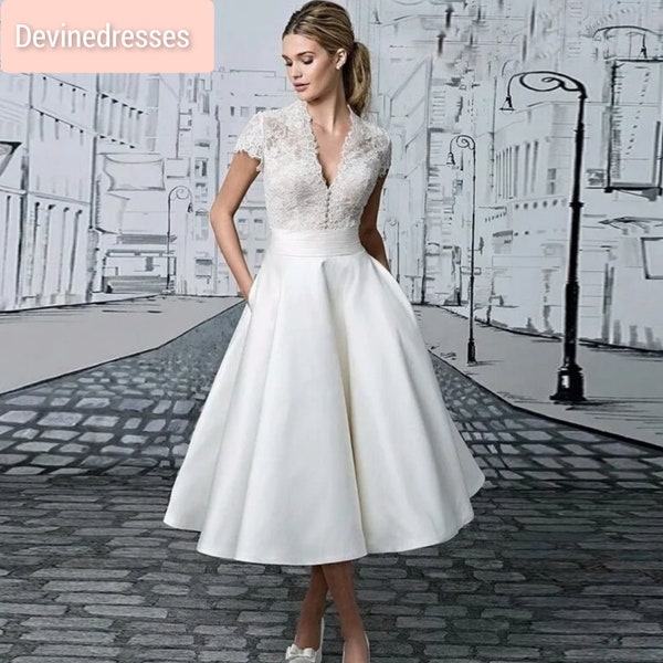 V-Ausschnitt Elegantes und schlichtes wadenlanges kurzes Brautkleid, Vintage kurzes Brautkleid