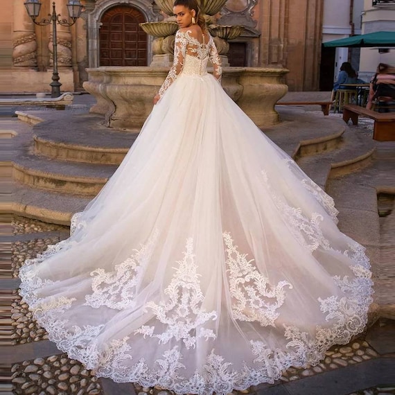 Wedding Dress With Detachable Train Lace Applique Wedding - Etsy