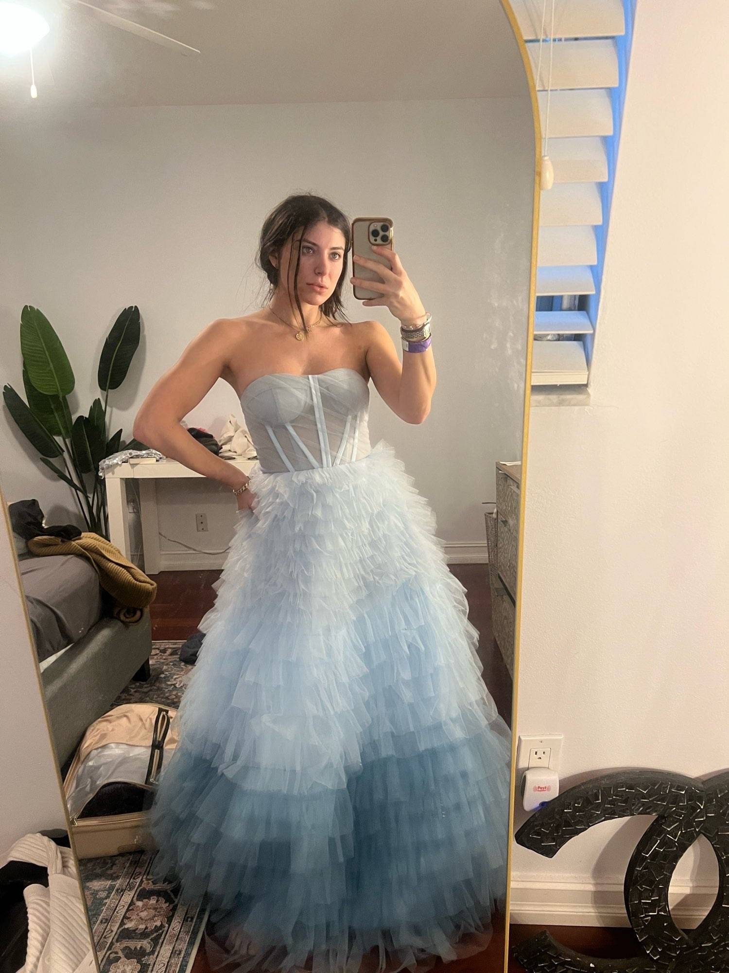 Blue Flutter Sleeve V-Neck Ruffle Tiered Evening Dress