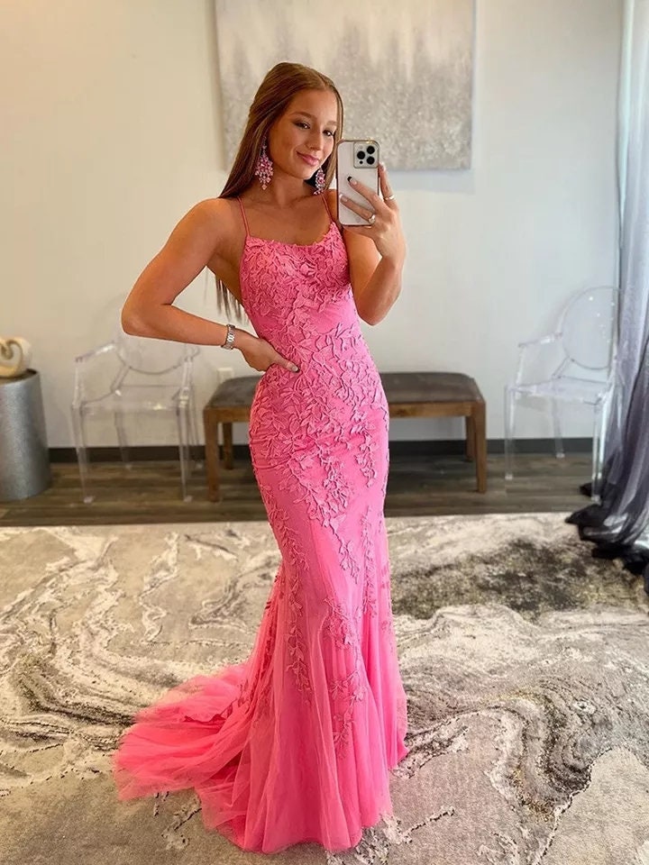 Bright pink evening best sale gown