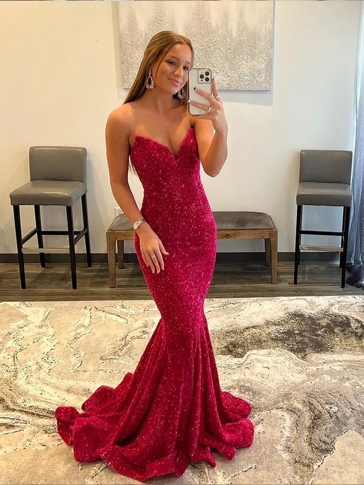 V Neck Red Long Prom Dresses 2020 with Silver Sequins, V Neck Red Form –  Shiny Party