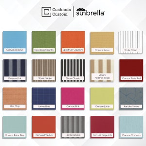 May include: A color palette featuring various fabric swatches from Cushions Custom and Sunbrella. The swatches showcase a range of colors and patterns, including solid hues like sky blue, green, and red, as well as striped and patterned designs. Each swatch is labeled with its specific color name.