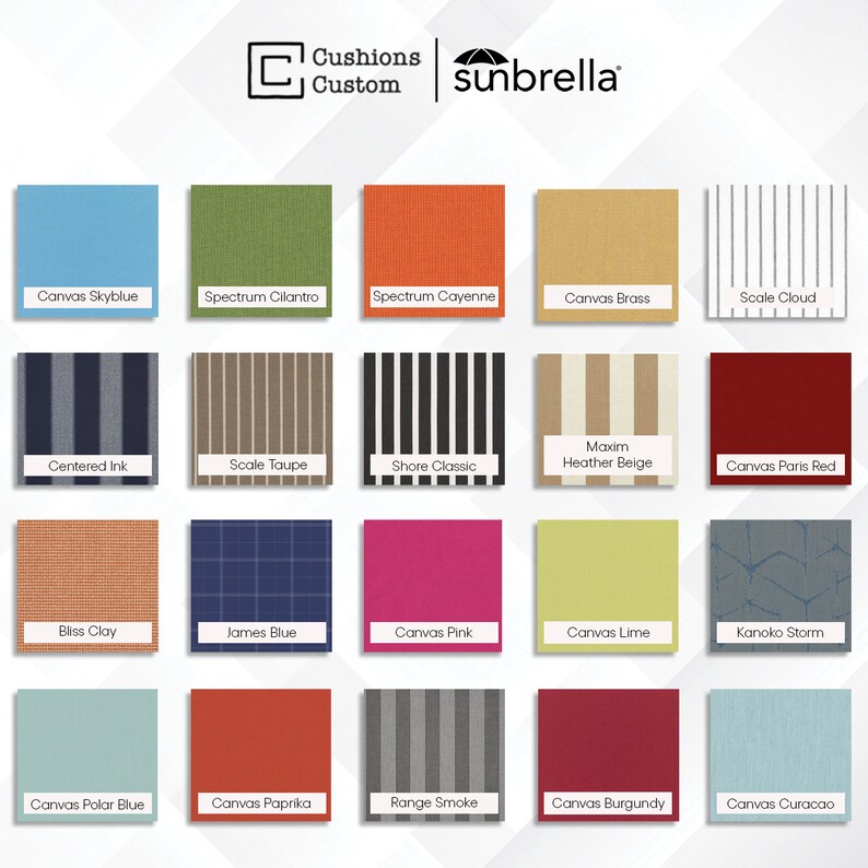 May include: A color palette featuring various fabric swatches from Cushions Custom and Sunbrella. The swatches showcase a range of colors and patterns, including solid hues like sky blue, green, and red, as well as striped and patterned designs. Each swatch is labeled with its specific color name.