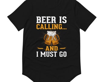 Men's 'Beer is Calling and I Must Go' Curved Hem Tee: A Fun Gift for Beer Lovers, Students, Gift For Him, Bikers, Dads
