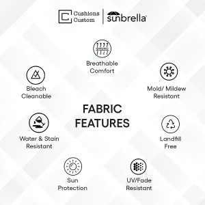 May include: Image showcasing fabric features, including bleach cleanable, water & stain resistant, breathable comfort, mold/mildew resistant, landfill free, sun protection, and UV/fade resistant. The image also displays the Cushions Custom and Sunbrella logos.