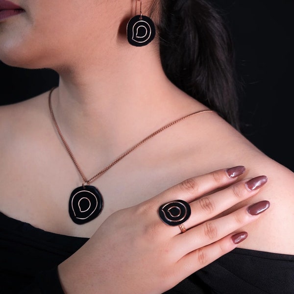 Black Copper Enamel Jewelry, Handcrafted, Black Necklace with Matching Earrings & Ring, Gift For Her, Daily Wear Jewelry,