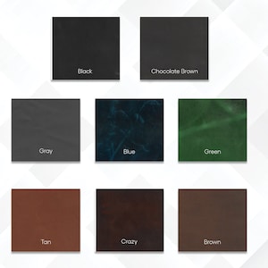 May include: Nine leather swatches in different colors: black, chocolate brown, gray, blue, green, tan, crazy, and brown.