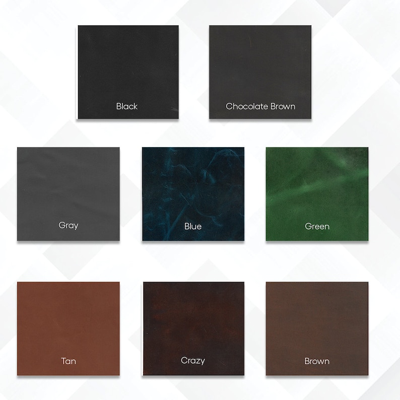 May include: Nine leather swatches in different colors: black, chocolate brown, gray, blue, green, tan, crazy, and brown.