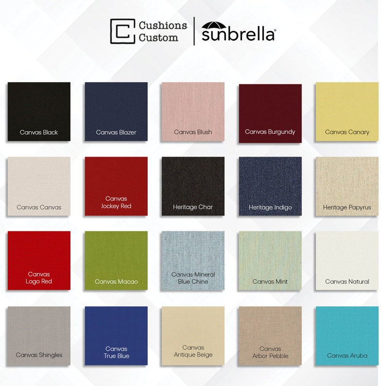 May include: A color chart featuring various fabric swatches from Cushions Custom and Sunbrella. The swatches display a range of colors, including black, navy, red, green, blue, and beige, with names like "Canvas Black" and "Canvas Aruba."