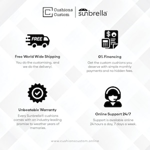 May include: Graphic with icons and text promoting custom cushions. Includes a delivery truck icon with "Free World Wide Shipping", a calculator icon with "0% Financing", a badge icon with "Unbeatable Warranty", and a headset icon with "Online Support 24/7".