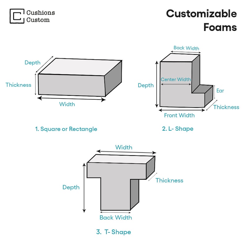 May include: Diagram showing three different foam shapes: square or rectangle, L-shape, and T-shape. Each shape is labeled with its dimensions: depth, width, thickness, back width, center width, and front width.