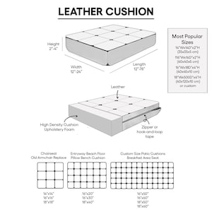 May include: A diagram showing different sizes and styles of leather cushions. The cushions are available in a variety of sizes, from 14 inches to 18 inches wide and 14 inches to 50 inches long. The cushions are also available in a variety of thicknesses, from 2 inches to 4 inches. The cushions are made of high-density foam and are upholstered in leather. The cushions can be used for a variety of purposes, such as seating, back support, and decoration.