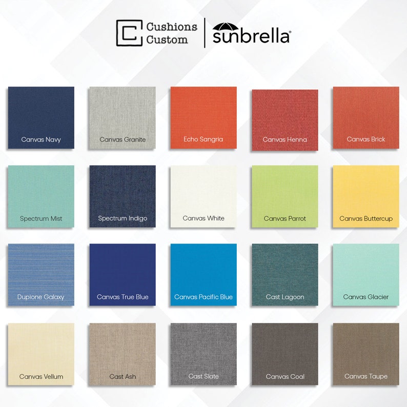 May include: A color palette featuring various fabric swatches from Cushions Custom and Sunbrella. The swatches showcase a range of colors, including navy, granite, red, brick, mist, indigo, white, parrot, buttercup, blue, and taupe.