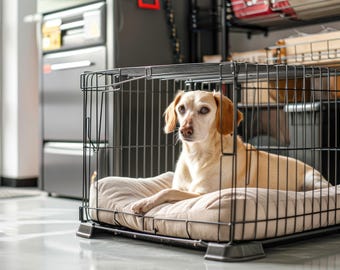 Può includere: Un cane beige con le orecchie marroni è sdraiato su un letto beige all'interno di una gabbia per cani in metallo nero.