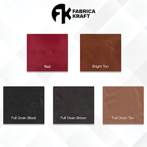 May include: Leather swatches in six colors: red, bright tan, full grain black, full grain brown, and full grain tan. The swatches are arranged in two rows of three. The text "FABRICA KRAFT" is at the top of the image.